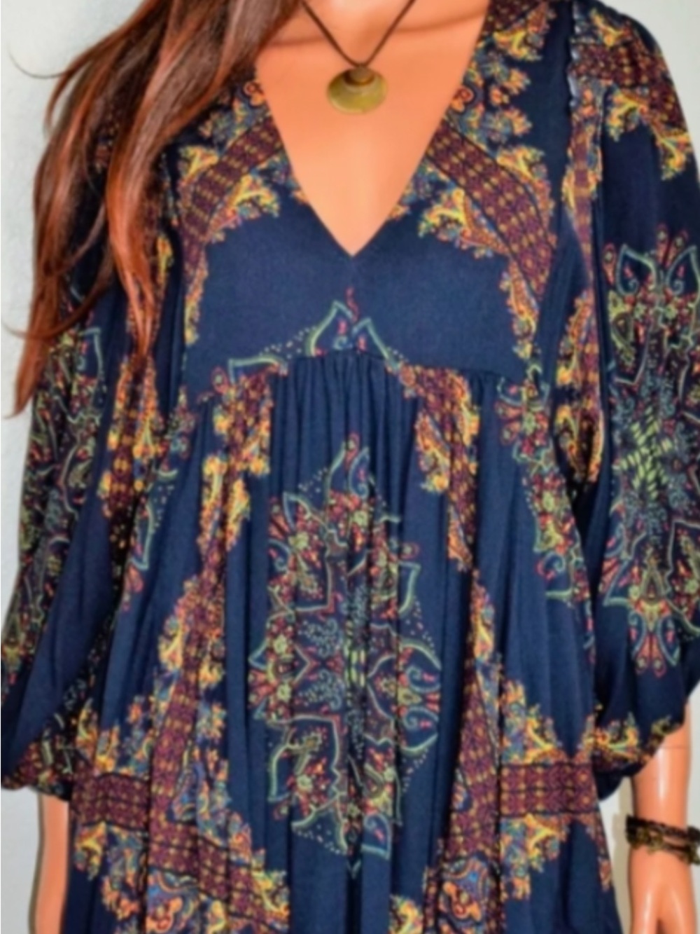 Free People Artisan Paisley Tunic Dress M Navy Colorful Boho Festival Hippie